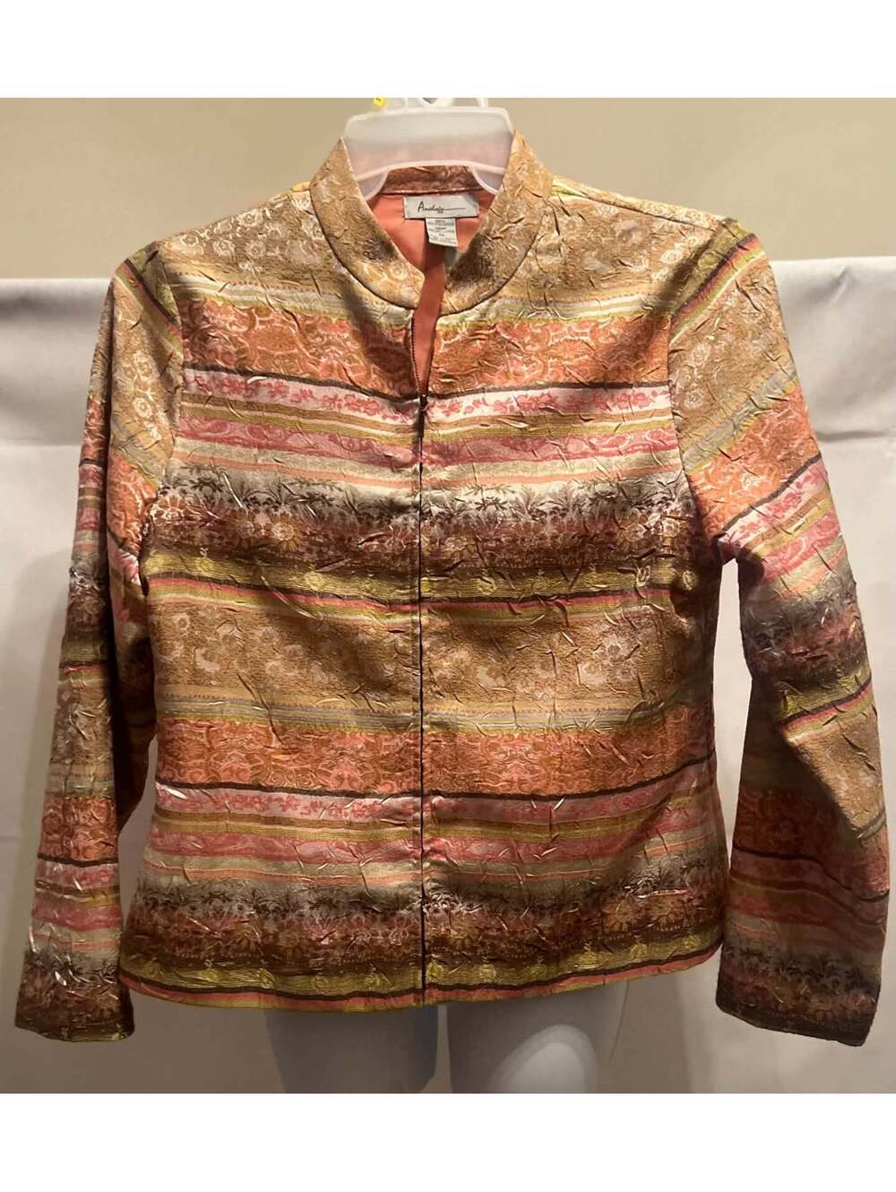 Analogy Women’s M Metallic Brocade Zip Jacket Pink Gold Y2K Style